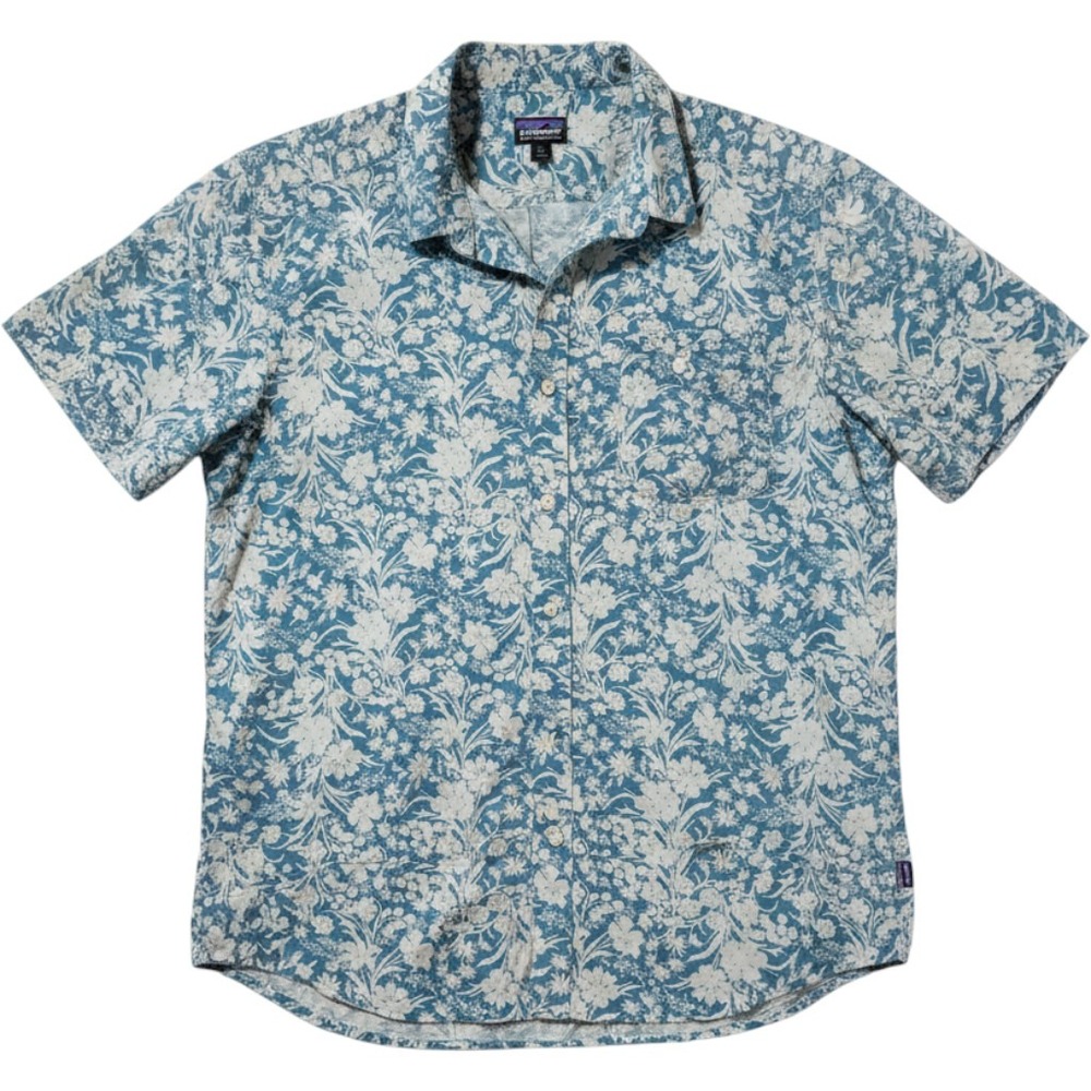 Patagonia Button Down Shirt XXL Blue Floral Short Sleeve Organic Cotton Gorpcore
